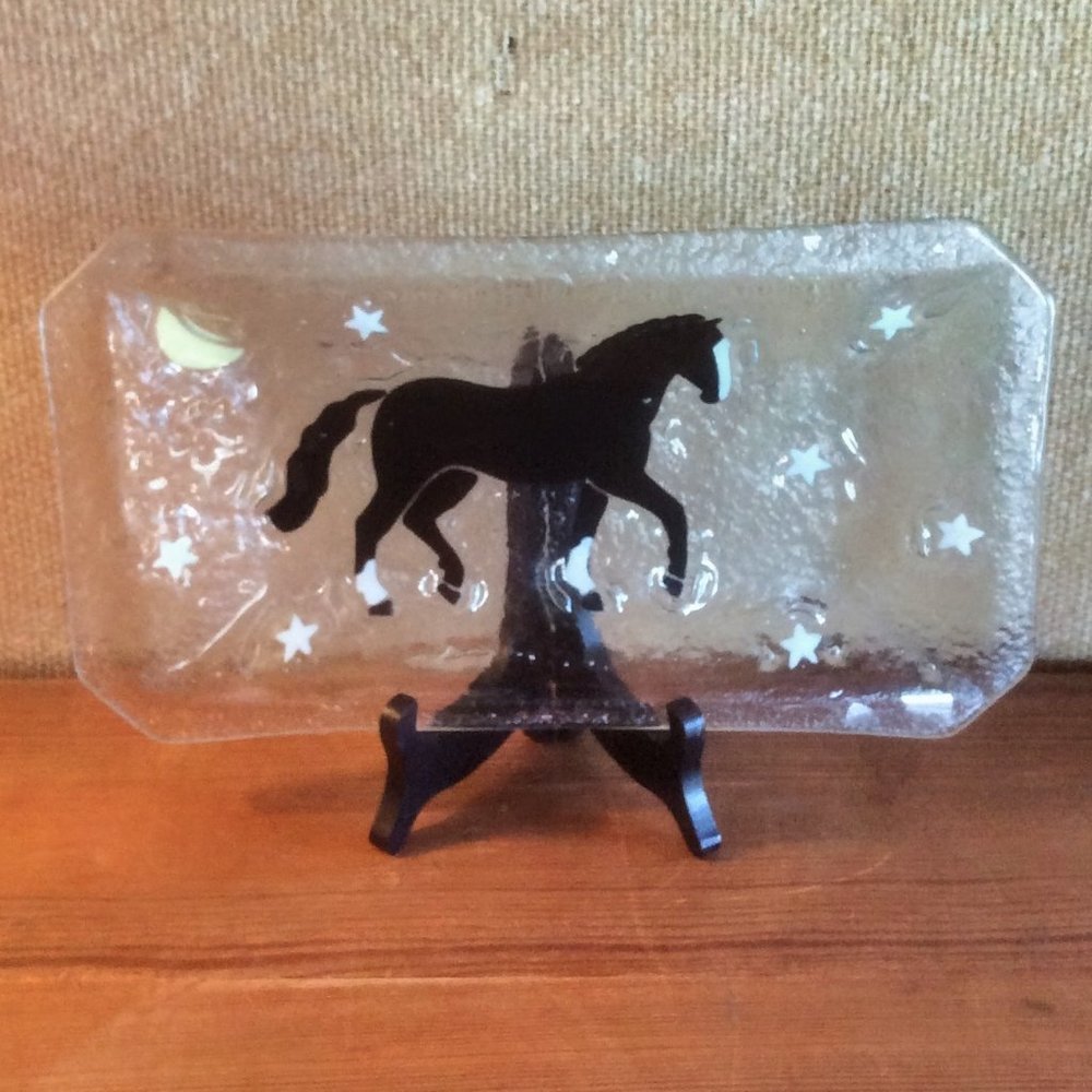 Glass Tray Prancing Black Horse Moon & Stars Artist Signed 12" x 6 1/2"